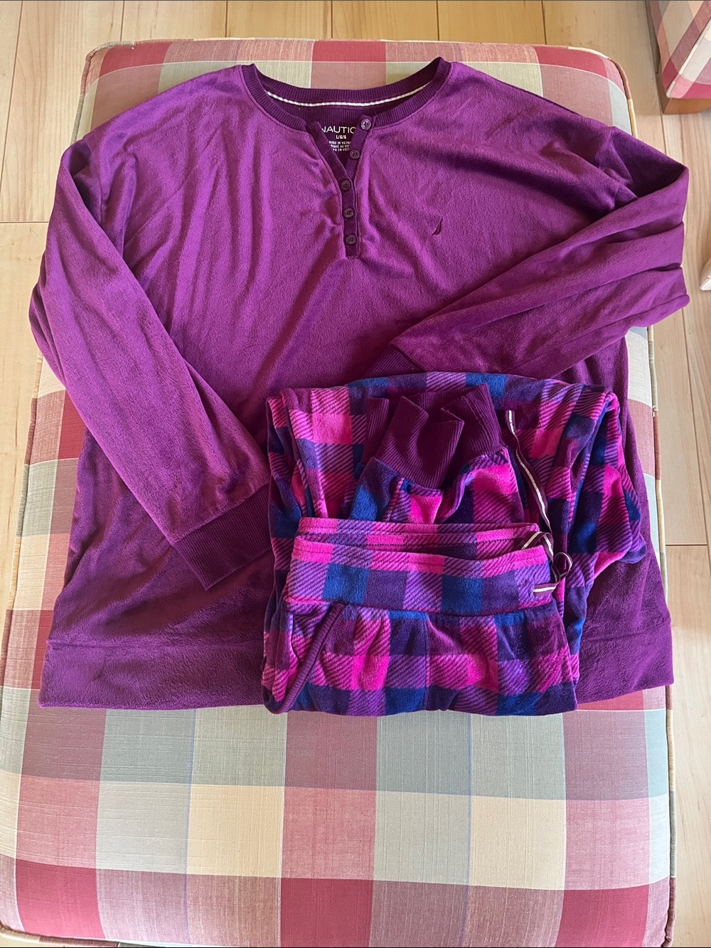 Nautica Purple Henley Top with Pink & Blue Plaid Velour Pajama Pants Set size lg